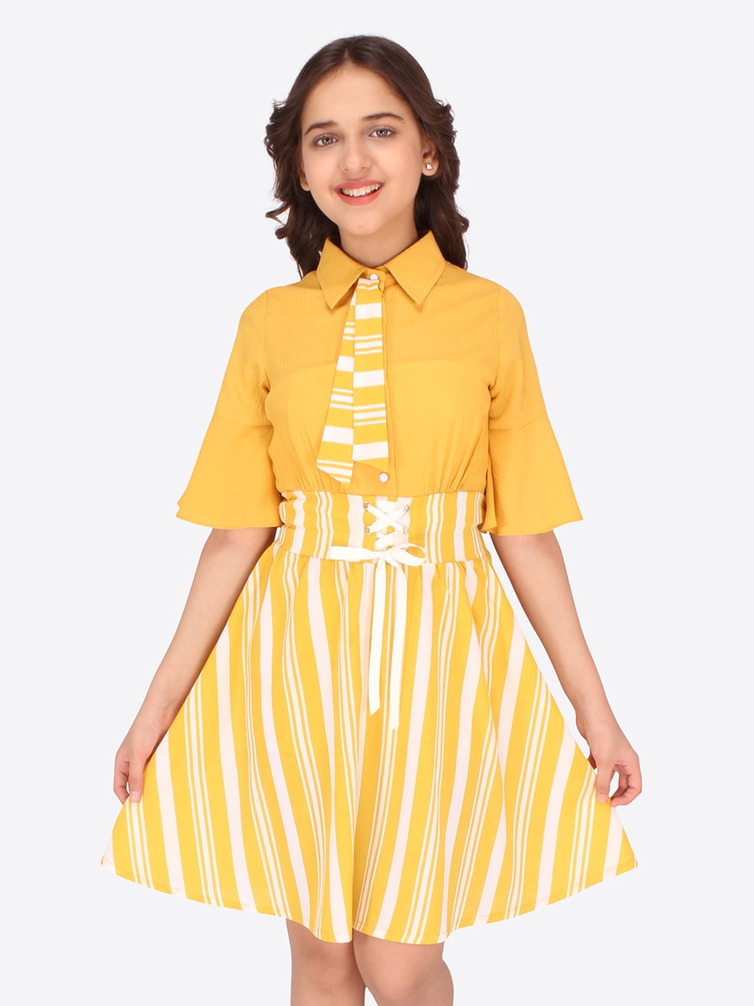 

CUTECUMBER Yellow Striped Georgette Dress