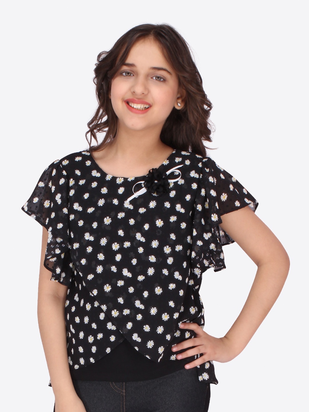 

CUTECUMBER Black Floral Print Georgette Top