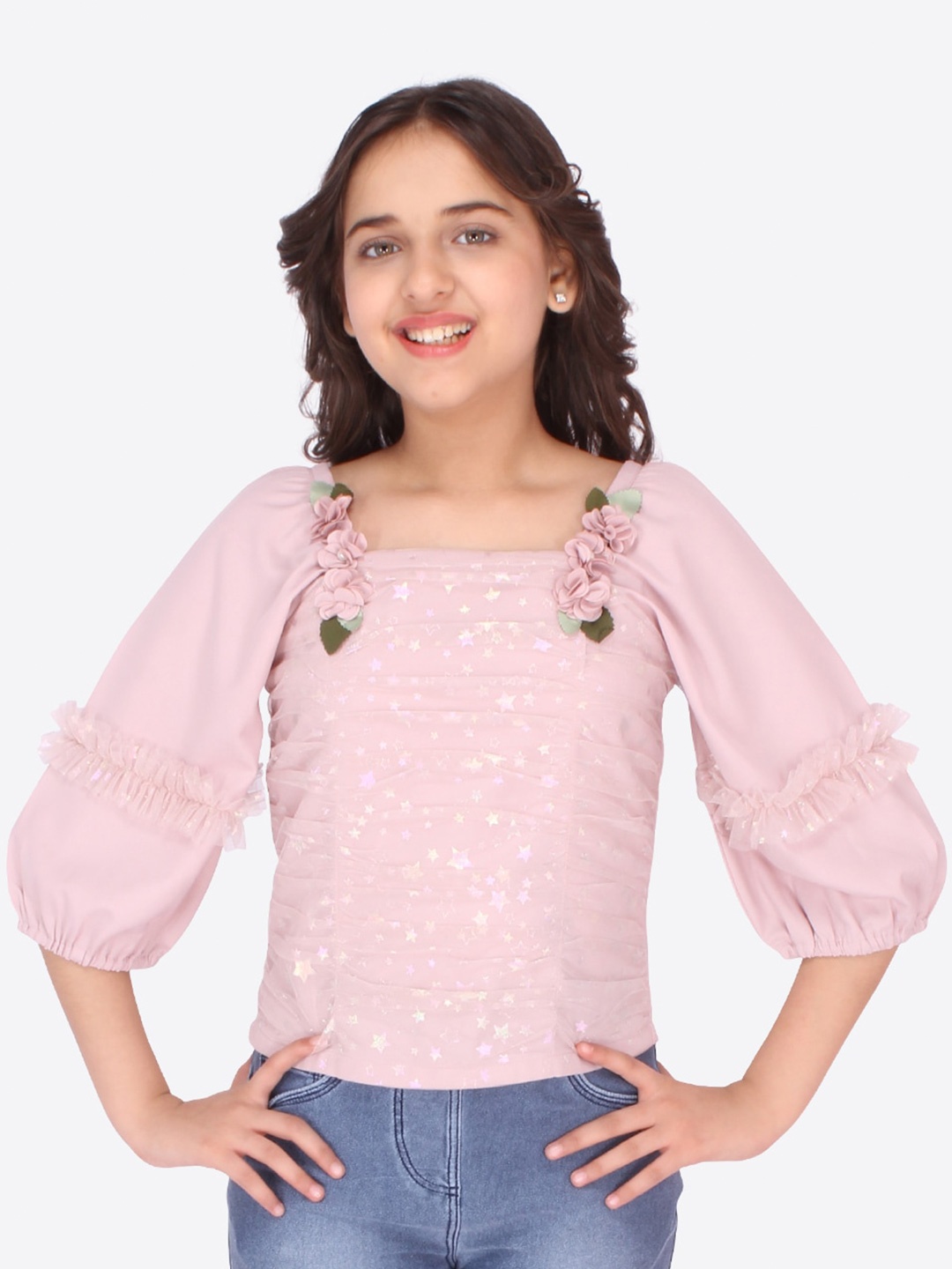 

CUTECUMBER Pink Floral Embellished Georgette Top