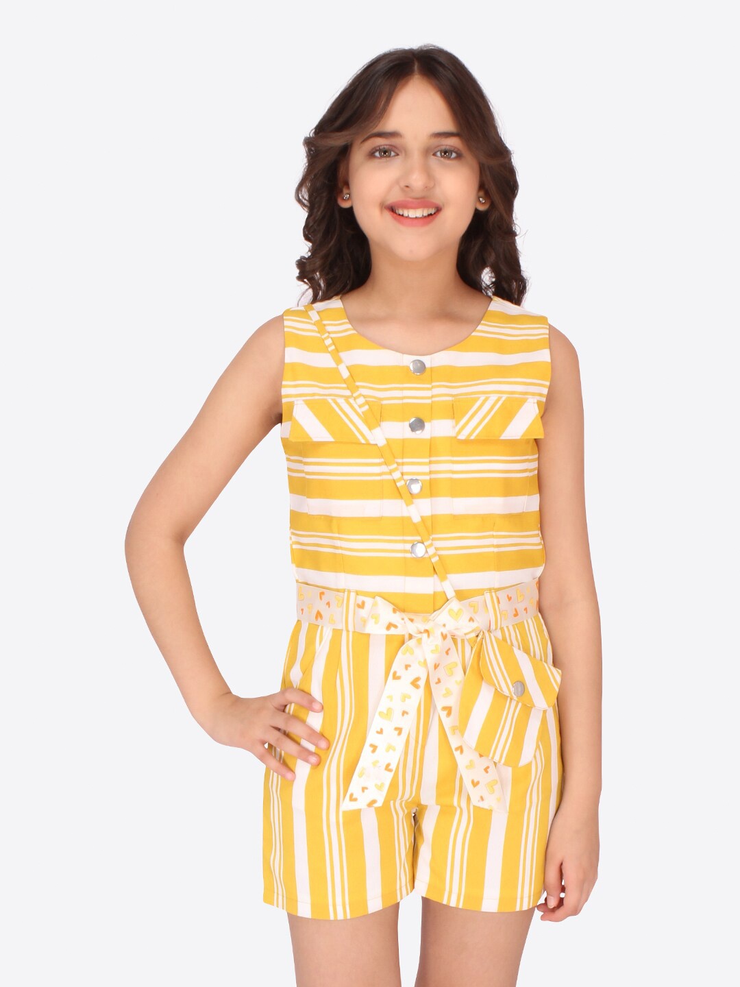 

CUTECUMBER Girls Yellow & White Striped Jumpsuit