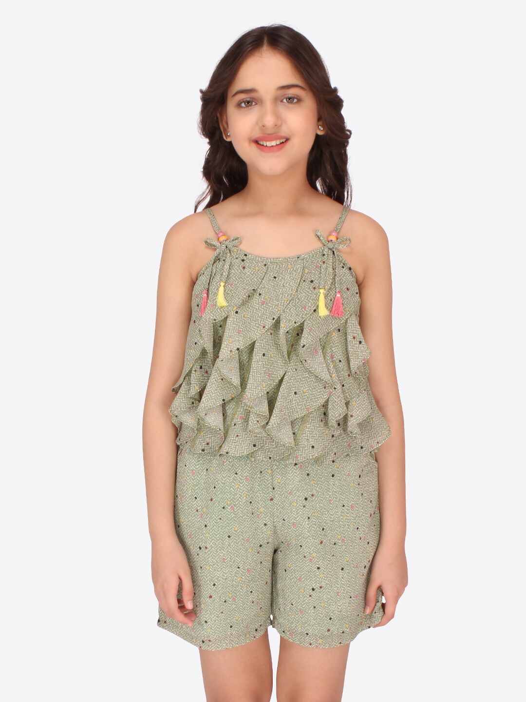 

CUTECUMBER Girls Sage Green Printed Ruffled Playsuit
