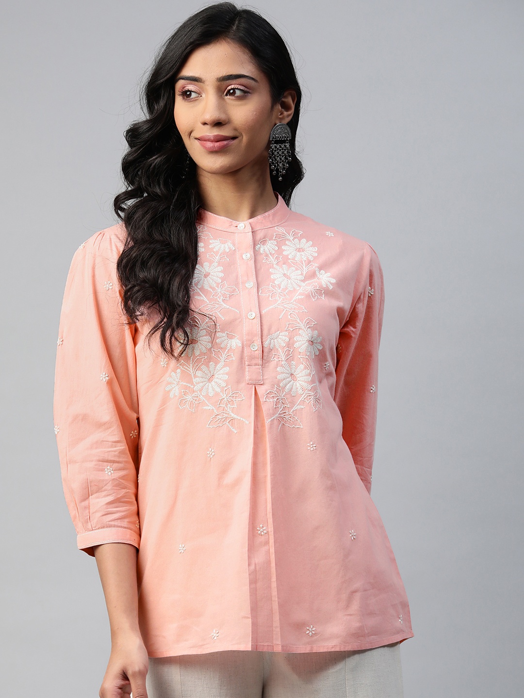

akheri Pink Floral Embroidered Mandarin Collar Cotton Shirt Style Top