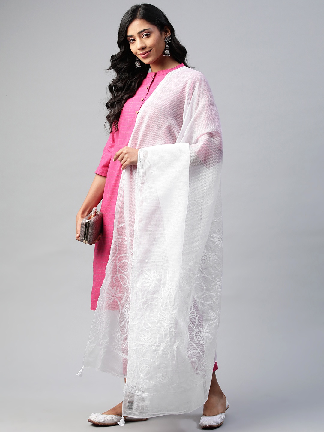 akheri White Embroidered Pure Cotton Dupatta with Chikankari