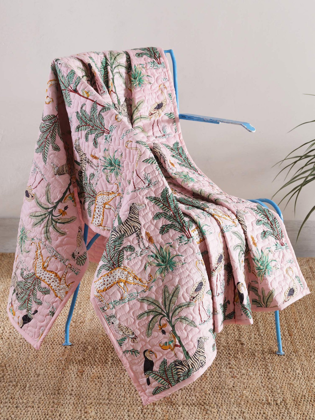 

HANDICRAFT PALACE Pink & Green Tropical Printed Quilted Cotton Throw