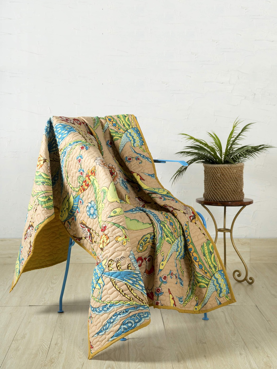 

HANDICRAFT PALACE Beige & Green Printed Cotton Quilted Throw