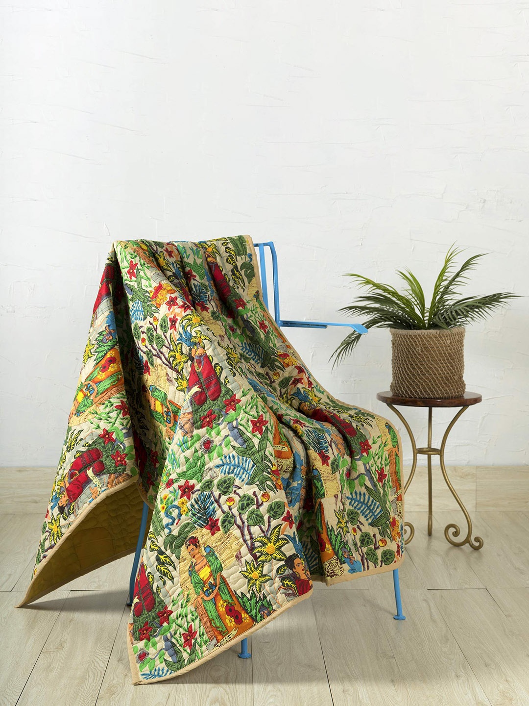 

HANDICRAFT PALACE Beige & Green Hand Block Printed Cotton Quilted Throw Blanket