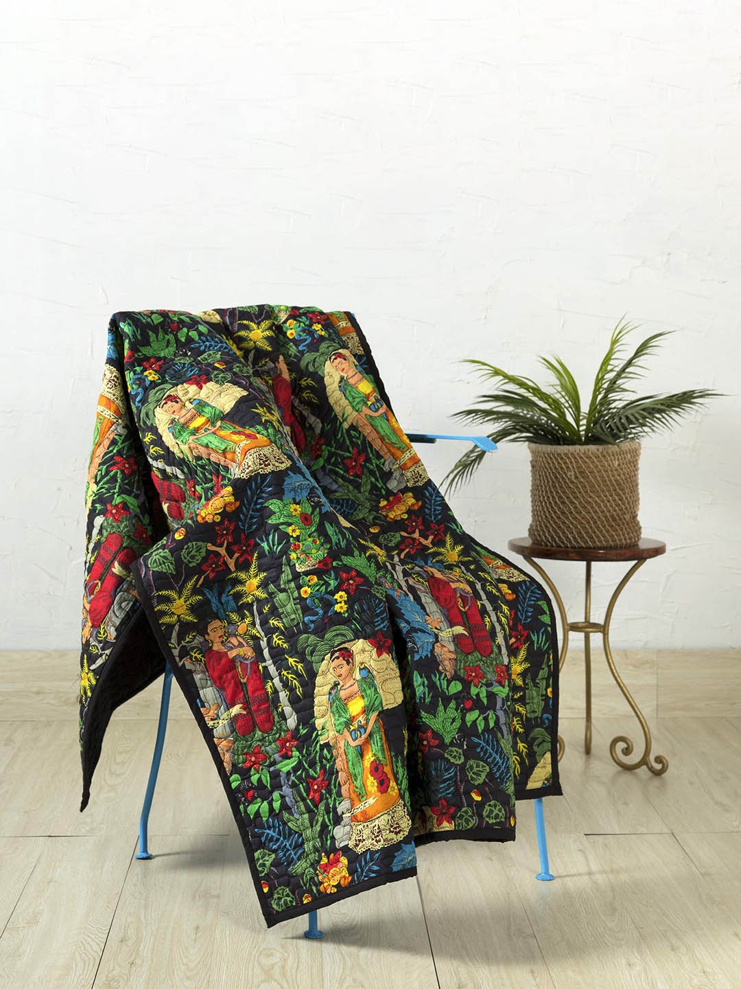 

HANDICRAFT PALACE Black & Green Hand Block Printed Cotton Quilted Throw Blanket