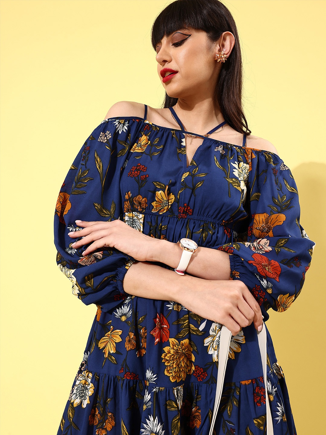 

KASSUALLY Women Blue & Mustard Yellow Floral Printed Off-Shoulder A-Line Tiered Dress