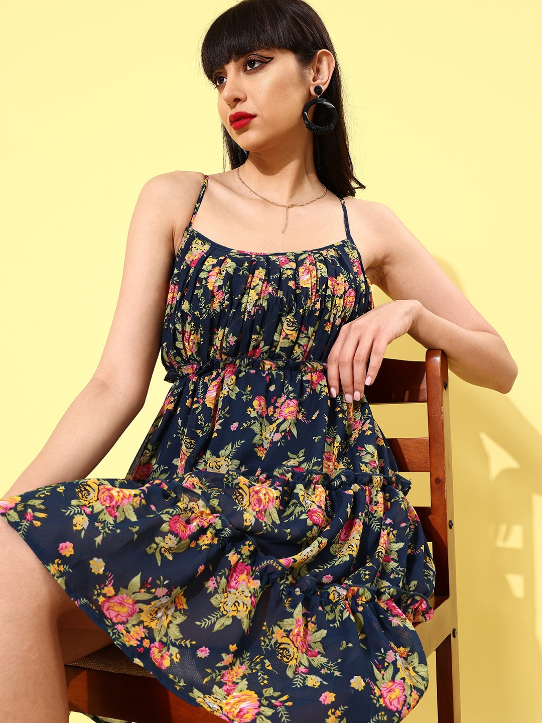 

KASSUALLY Women Navy Blue & Pink Floral Printed A-Line Tiered Dress