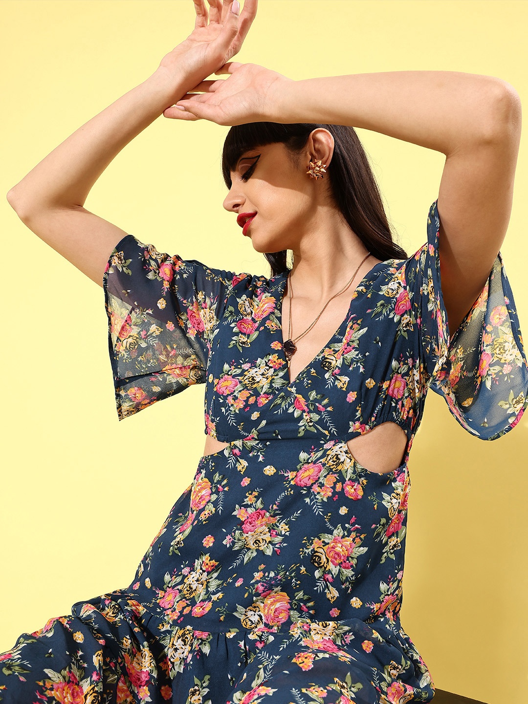 

KASSUALLY Teal & Pink Floral Cut-Out A-Line Dress