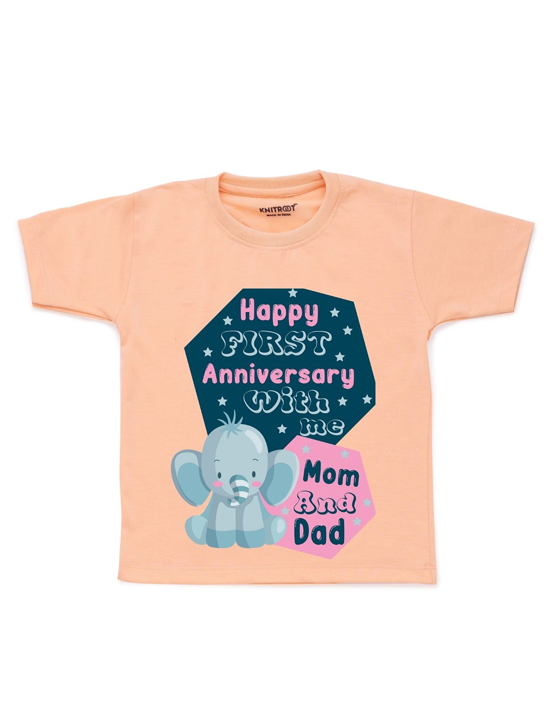 

KNITROOT Kids Peach-Coloured & Blue Printed Cotton T-shirt