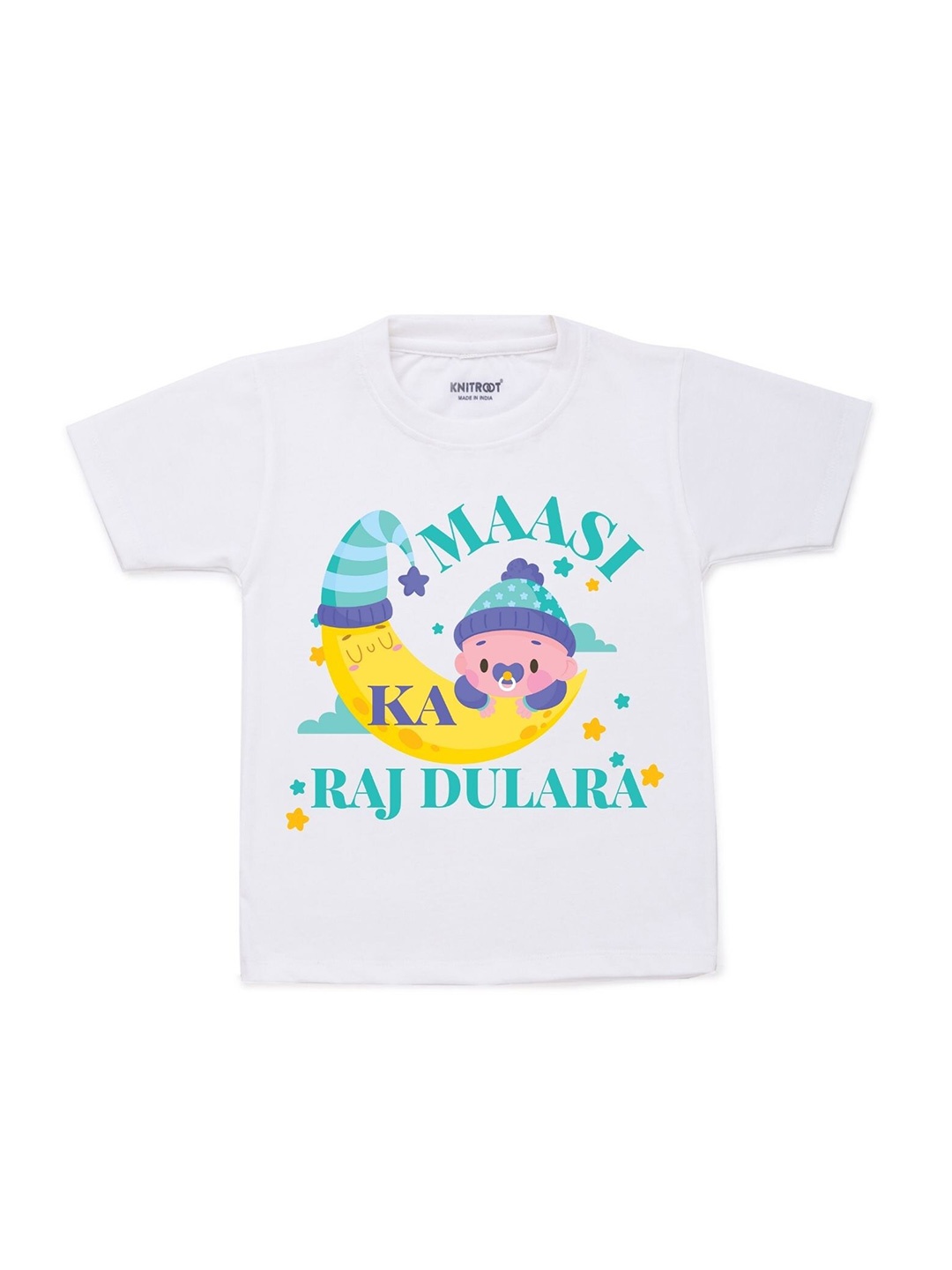 

KNITROOT Kids White & Blue Printed Cotton T-shirt