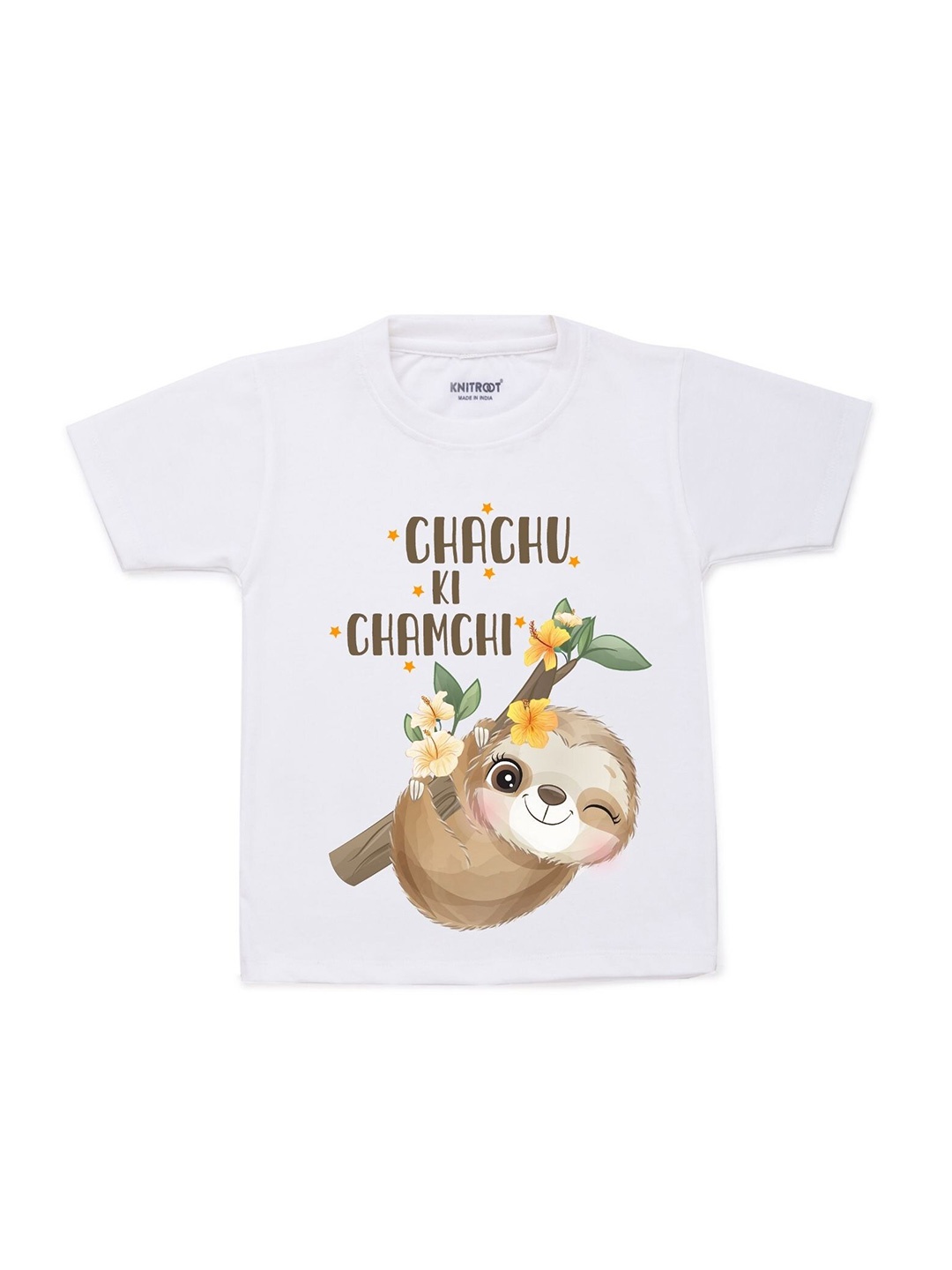 

KNITROOT Kids White & Brown Typography Printed Cotton T-shirt