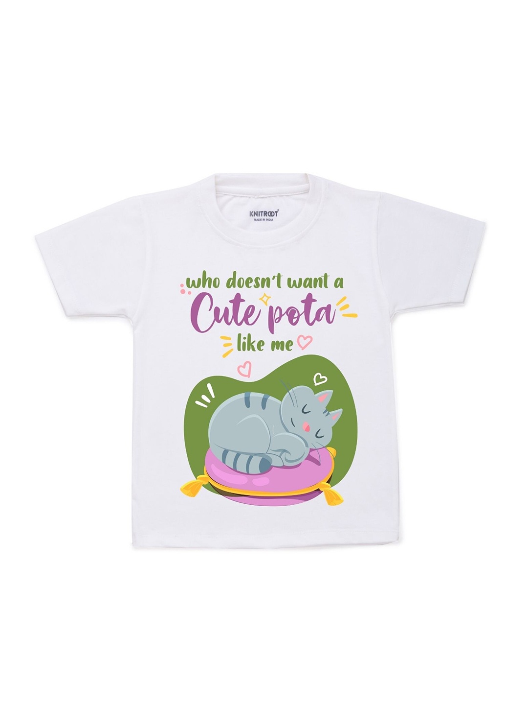KNITROOT Kids White & Green Typography Printed Cotton T-shirt