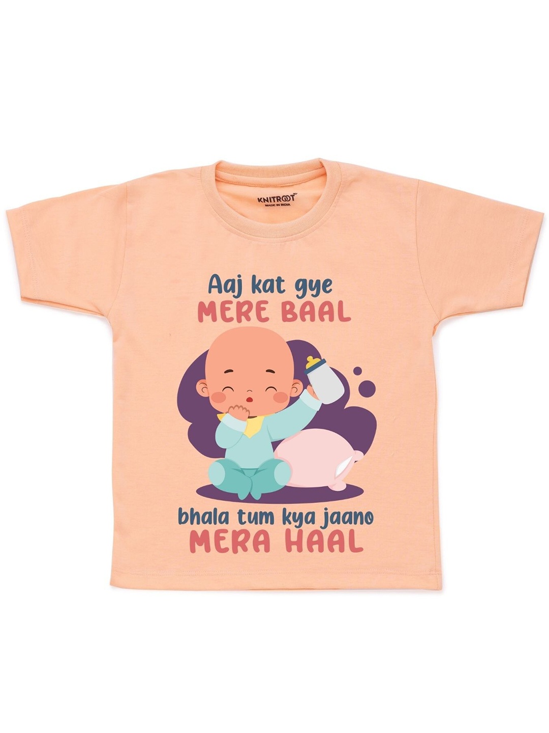 

KNITROOT Kids Peach-Coloured & Blue Printed T-shirt