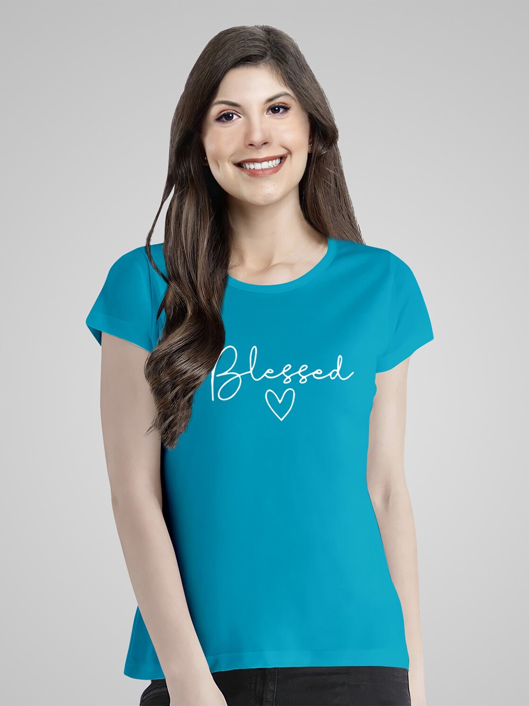 

Pootlu Women Turquoise Blue Typography Printed Extended Sleeves Pure Cotton T-shirt