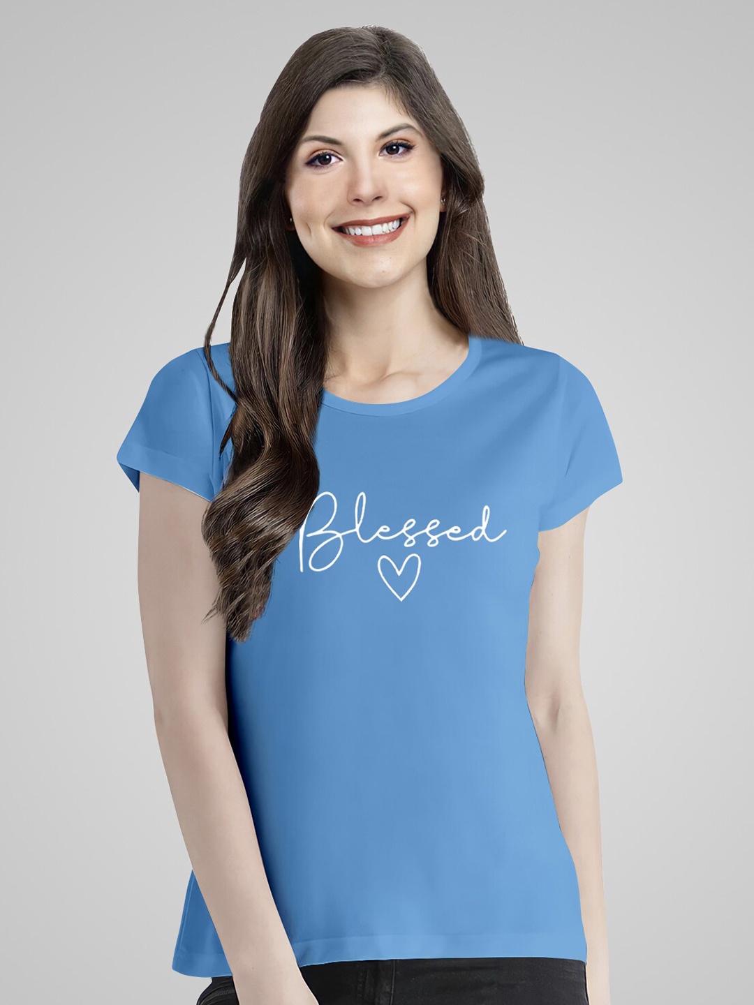 

Pootlu Women Blue Typography Printed Pure Cotton T-shirt