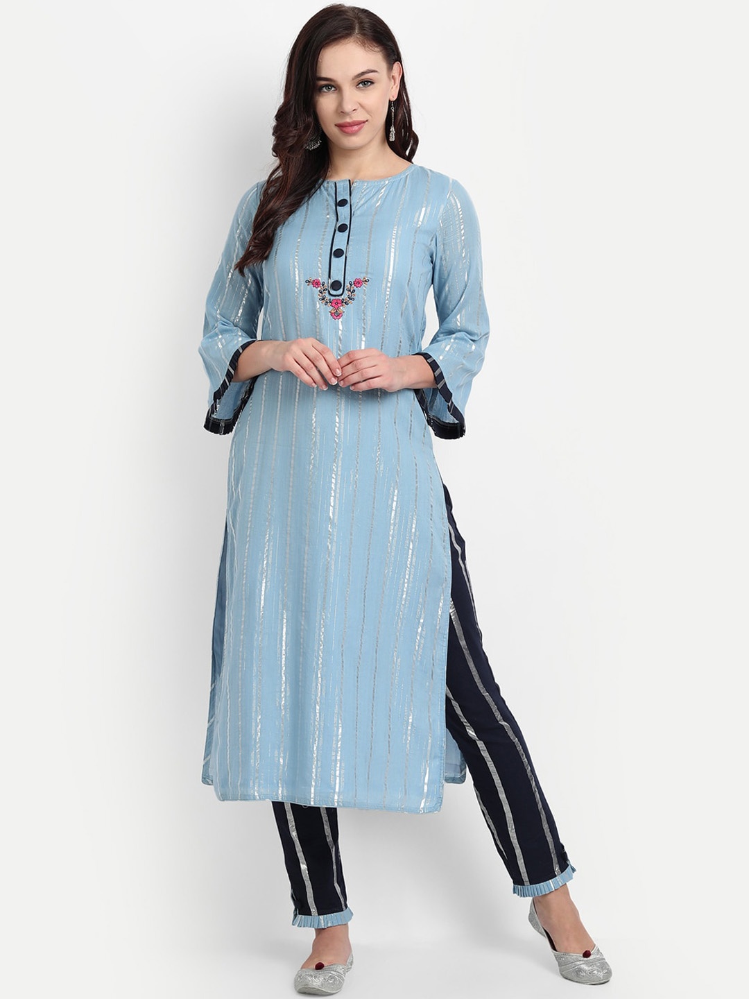 

MADHURAM Women Turquoise Blue Striped Pleated Kurti with Trousers