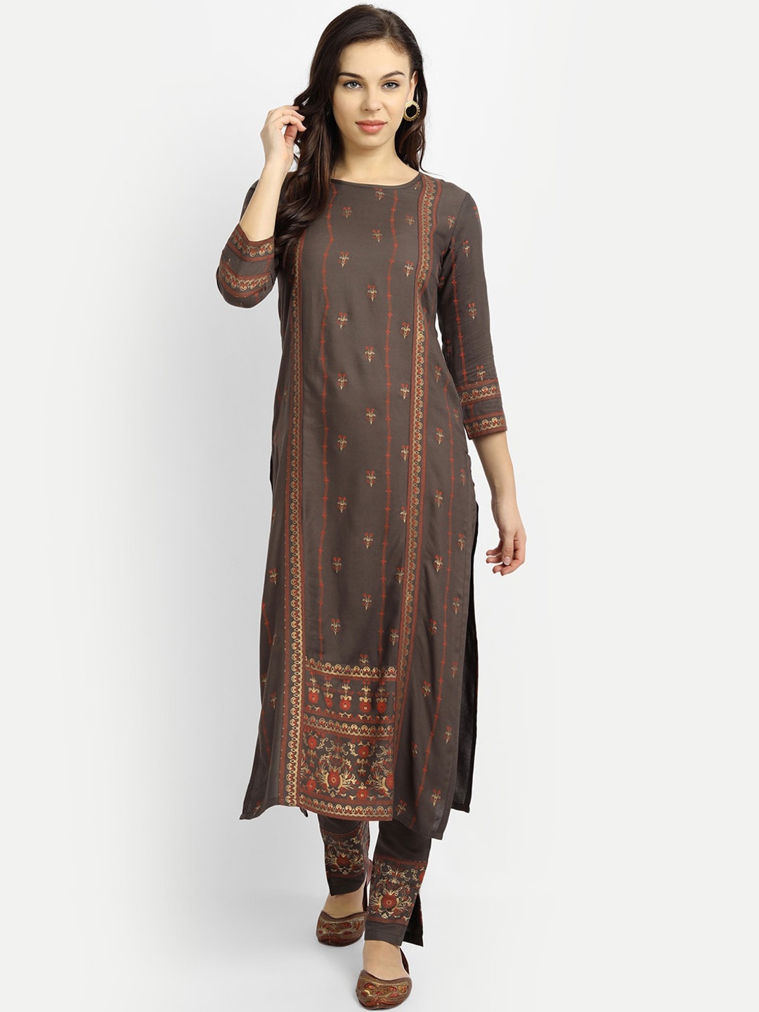 

MADHURAM Women Grey Ethnic Motifs Printed Kurta With Trousers