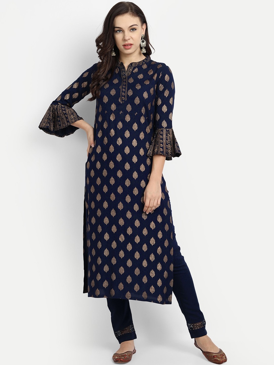 

MADHURAM Women Navy Blue Ethnic Motifs Printed Kurta with Trousers