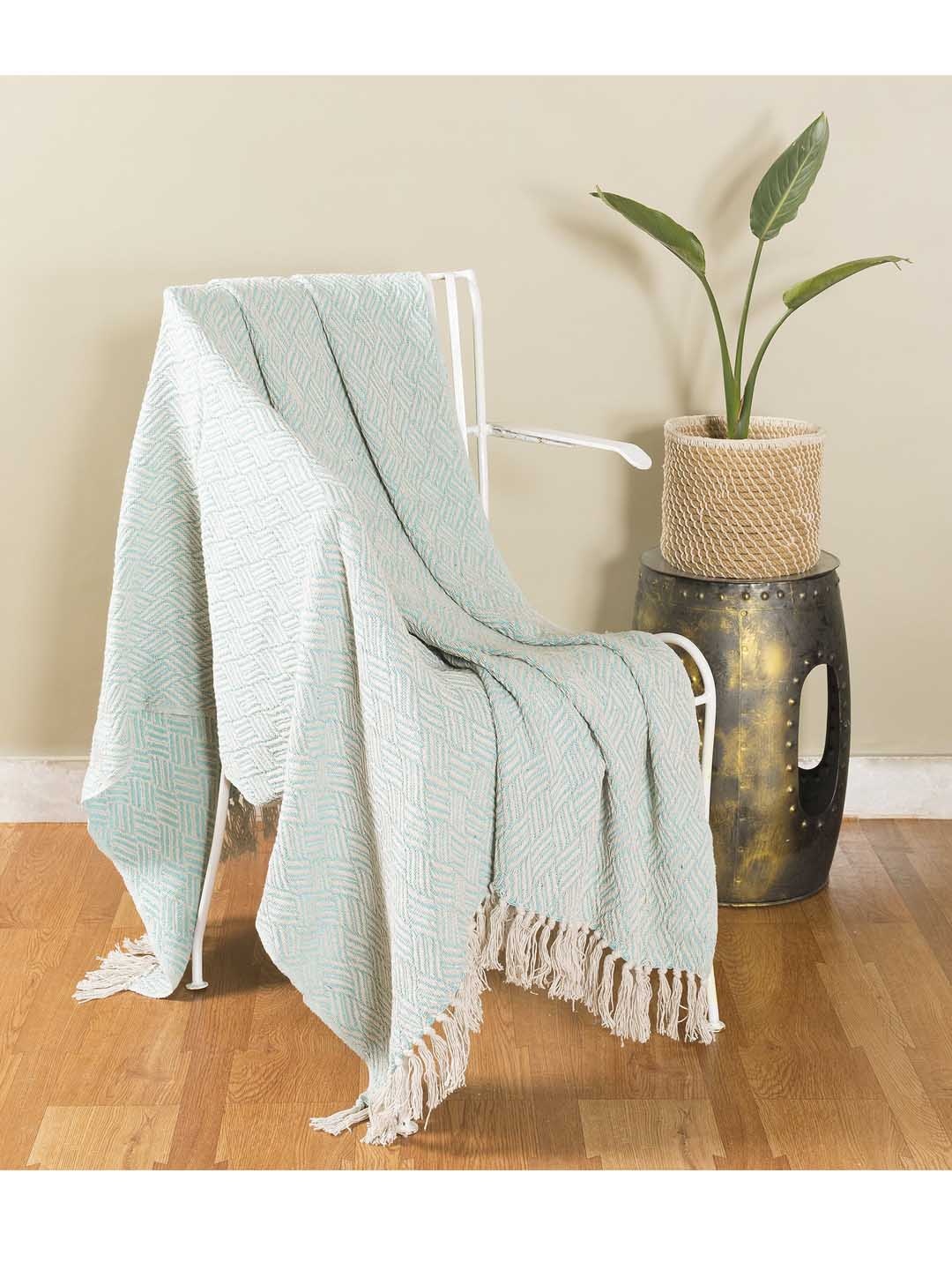 

HANDICRAFT PALACE Turquoise Bleu & White Self Design Hand Knitted Cotton Throw, Turquoise blue