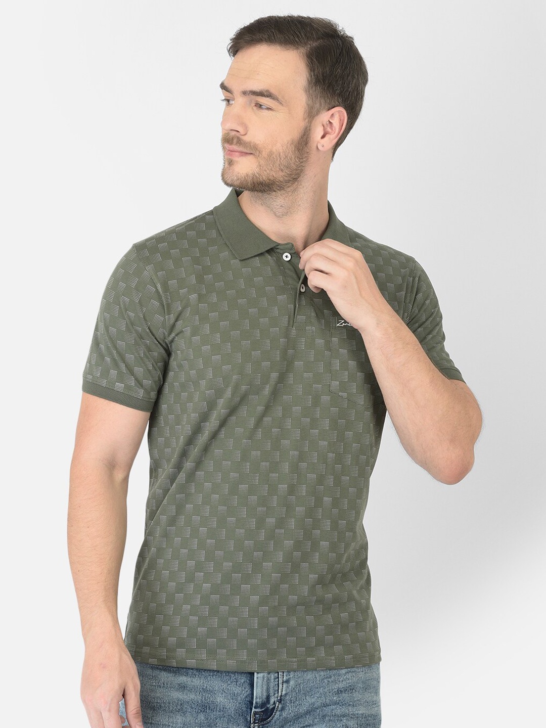 

Zarlin Men Green Printed Cotton Polo Collar T-shirt