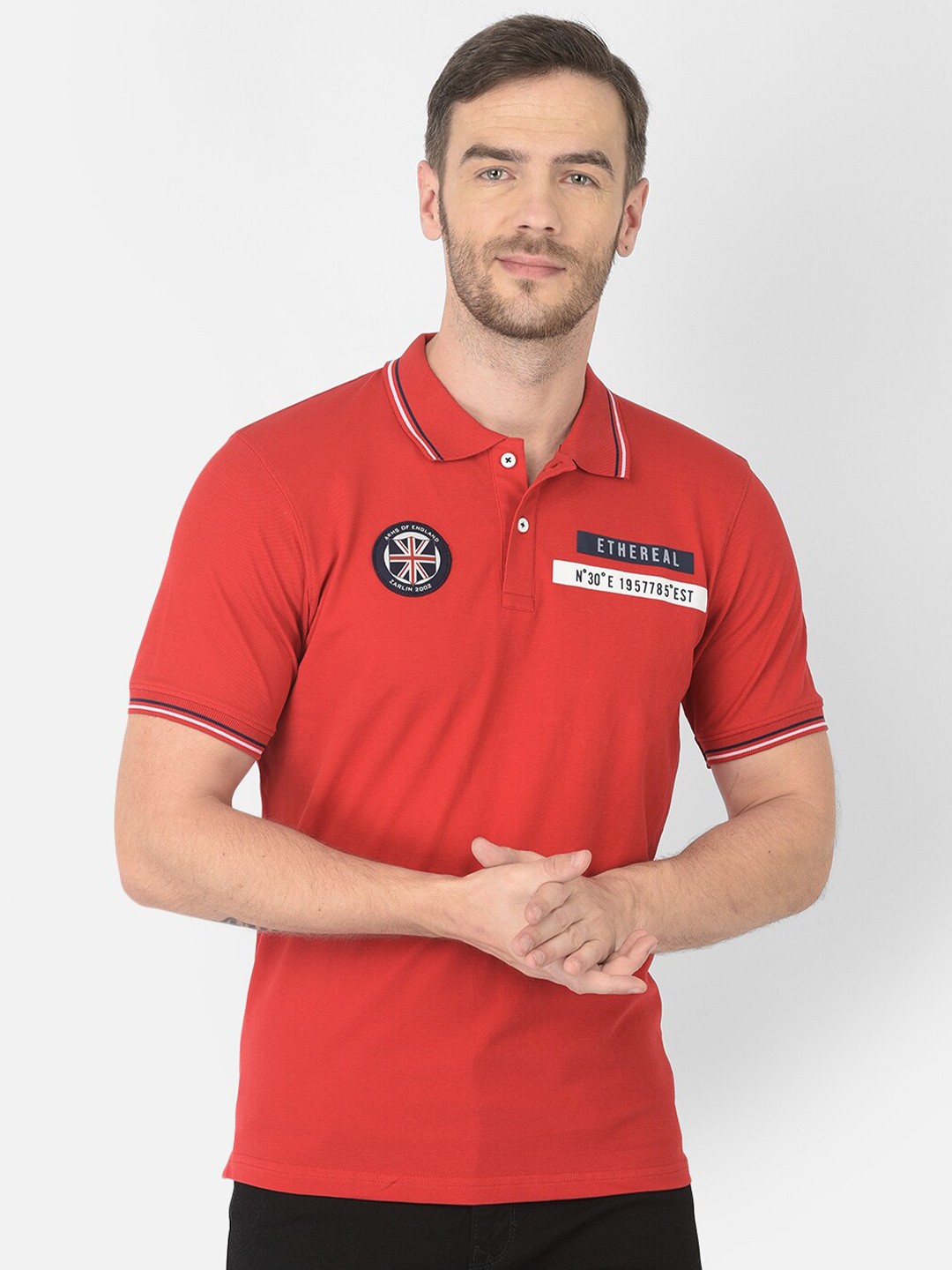 

Zarlin Men Red Polo Collar Applique T-shirt