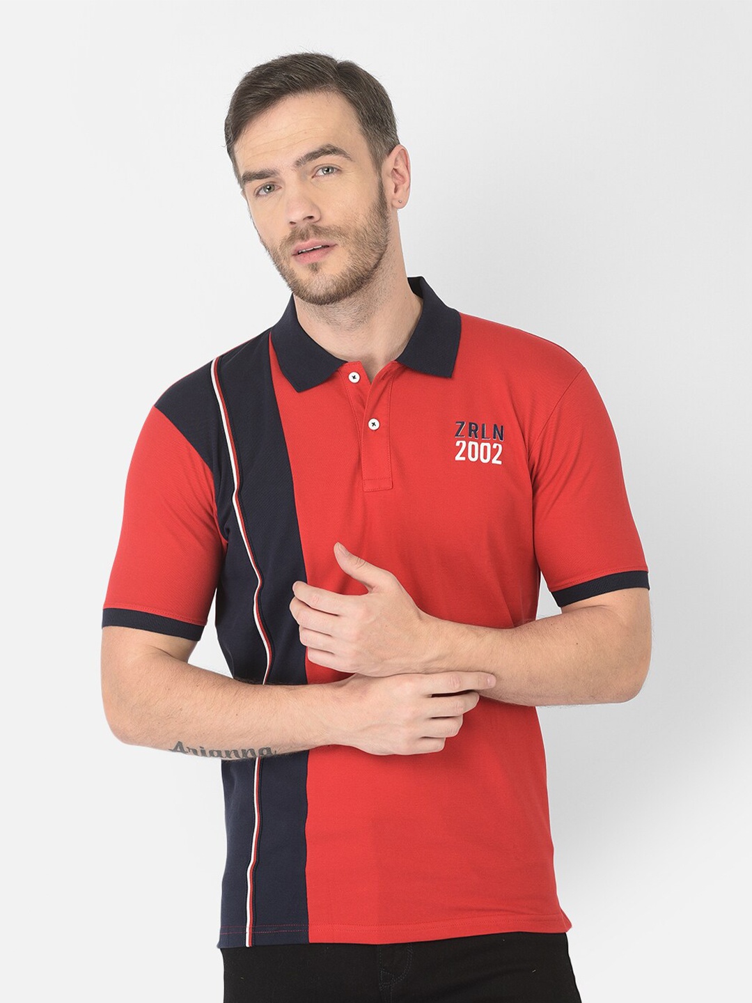 

Zarlin Men Red Striped Polo Collar Cotton T-shirt