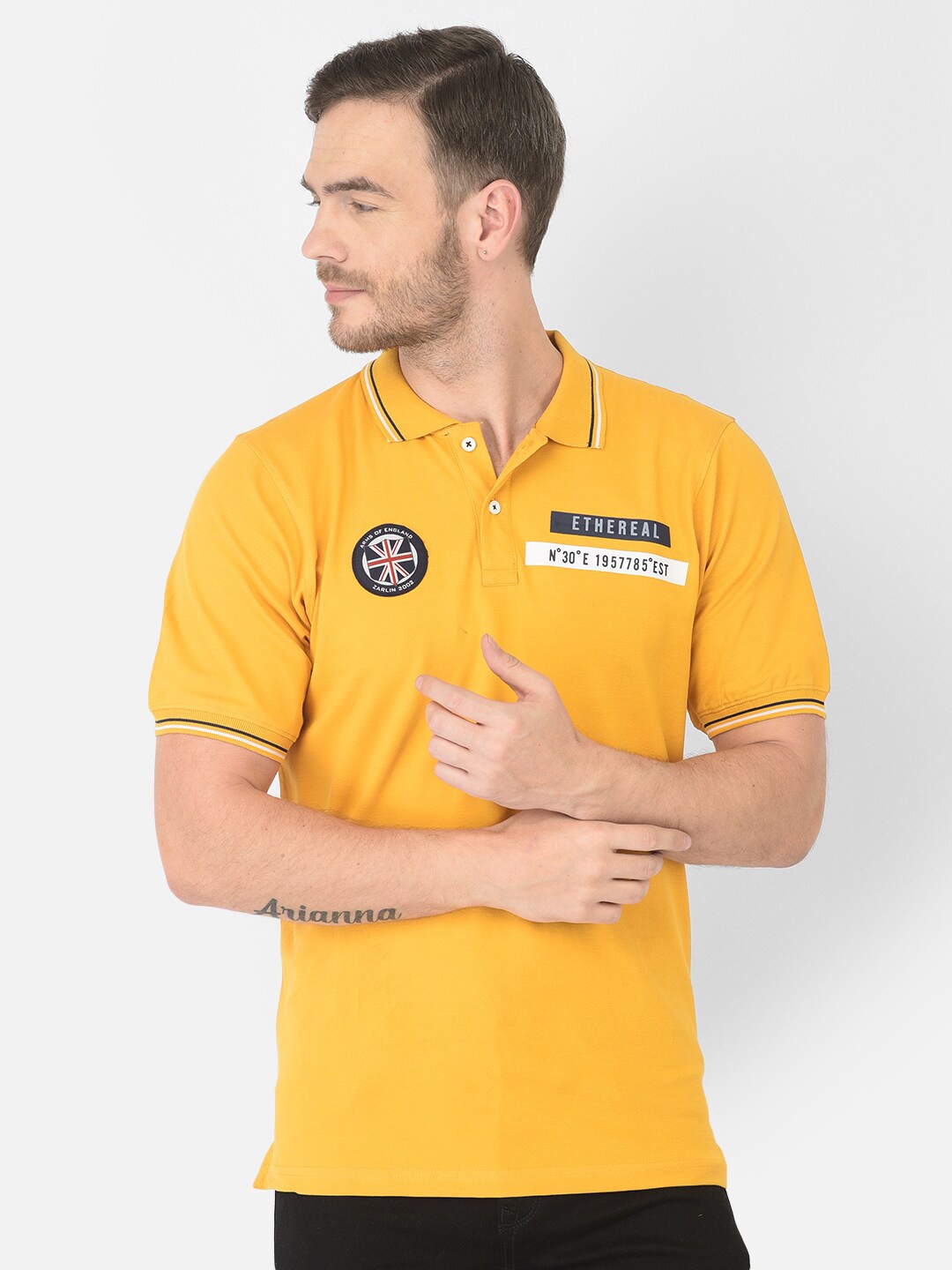

Zarlin Men Mustard Yellow Polo Collar Applique T-shirt