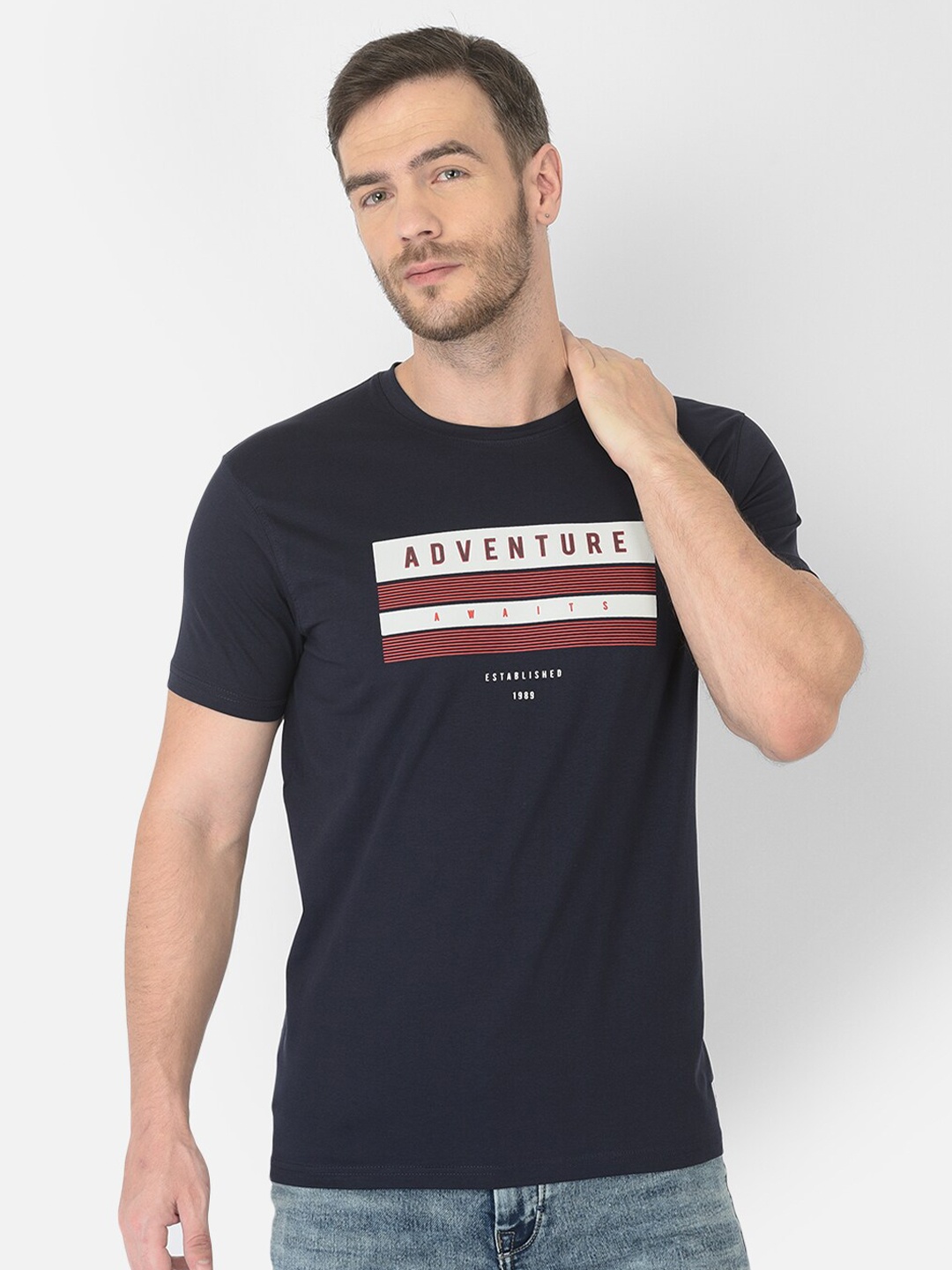 

Zarlin Men Navy Blue & White Typography Printed Cotton T-shirt