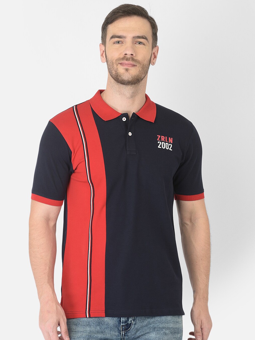 

Zarlin Men Navy Blue & Red Colourblocked Polo Collar Cotton T-shirt