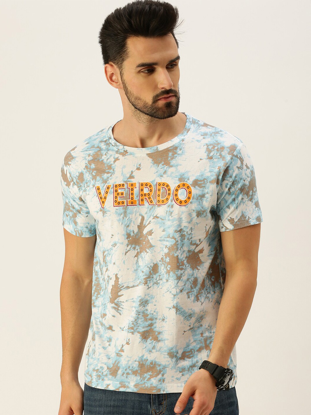 

VEIRDO Men White & Blue Tie Dye Dyed Cotton T-shirt