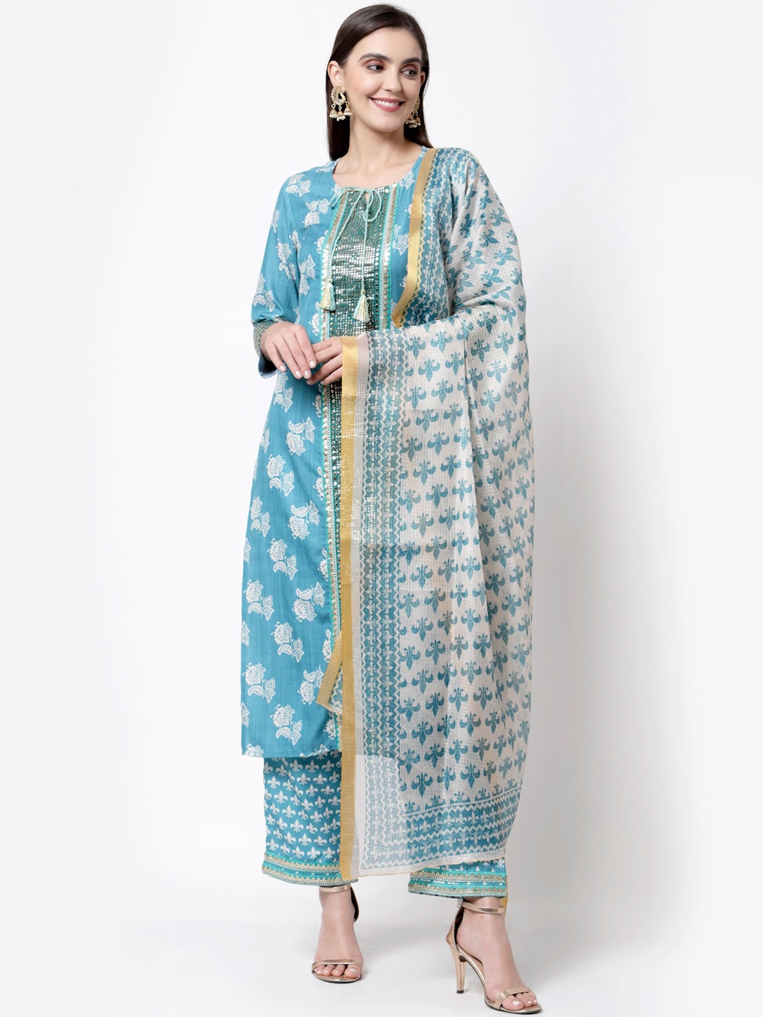 

Myshka Women Blue Ethnic Motifs Printed Kurta With Trousers & Dupatta