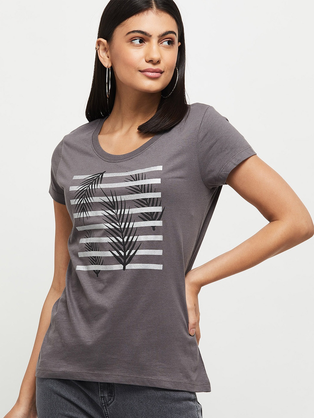

max Women Grey Printed Pure Cotton T-shirt
