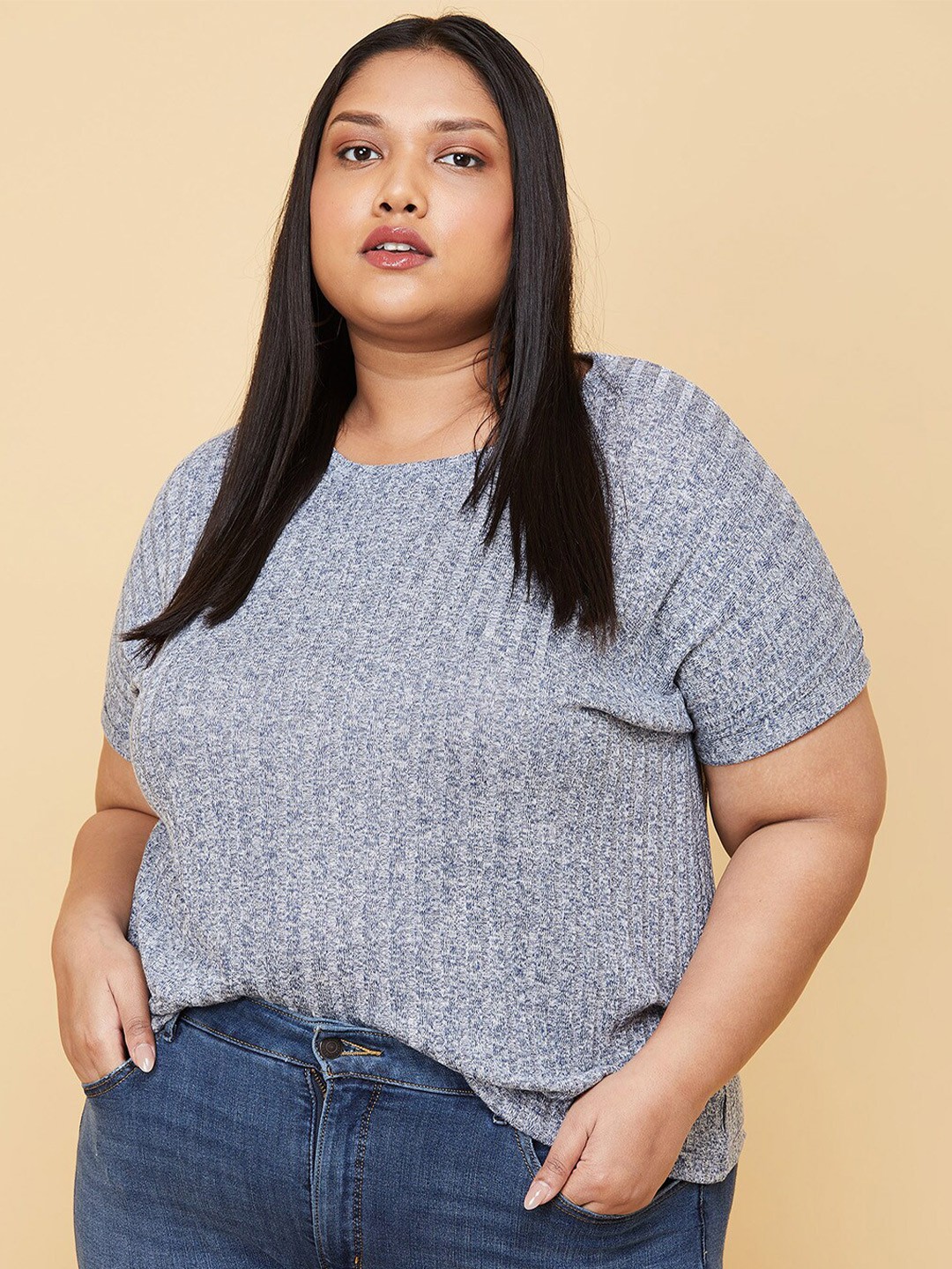 

max Women Plus Size Navy Blue Self Design T-shirt