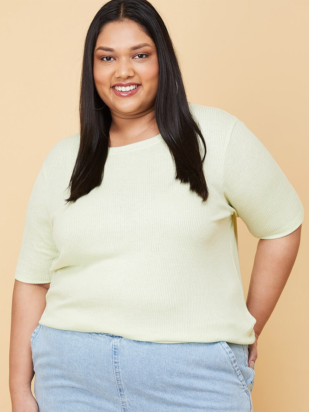 

max Plus Size Women Yellow Self Design T-shirt