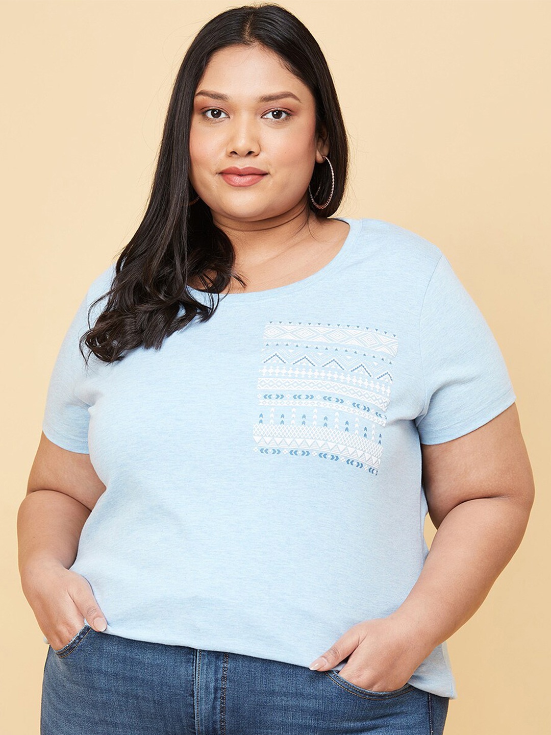 

max Women Plus Size Blue & White Printed Pure Cotton T-shirt