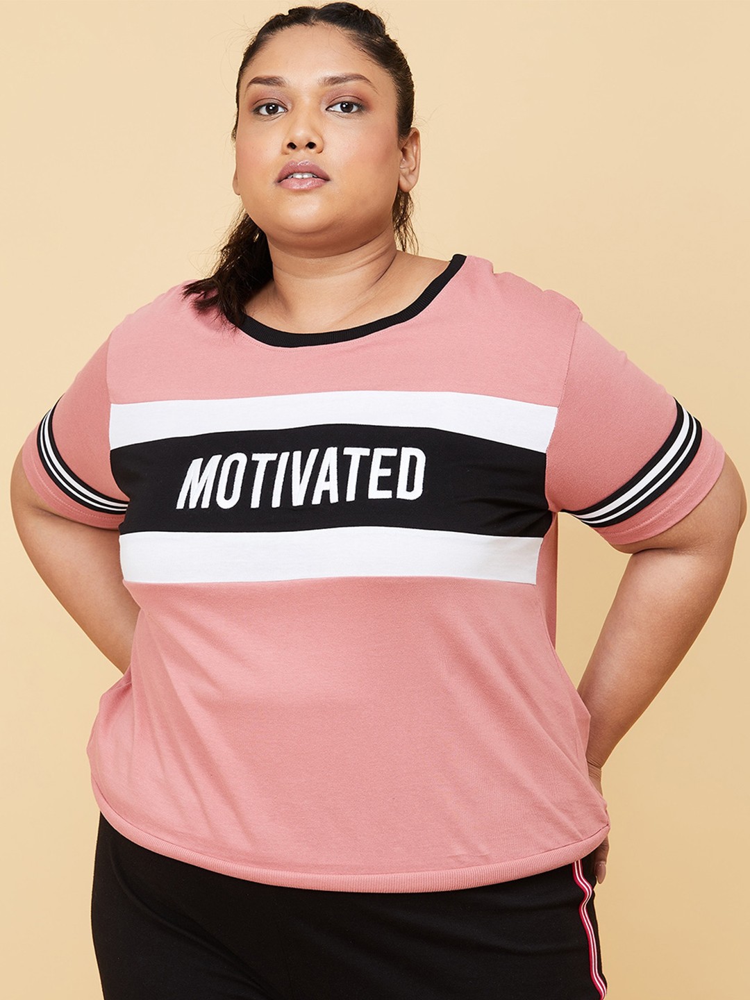 

max Plus Size Women Peach-Coloured Typography Colourblocked Cotton T-shirt