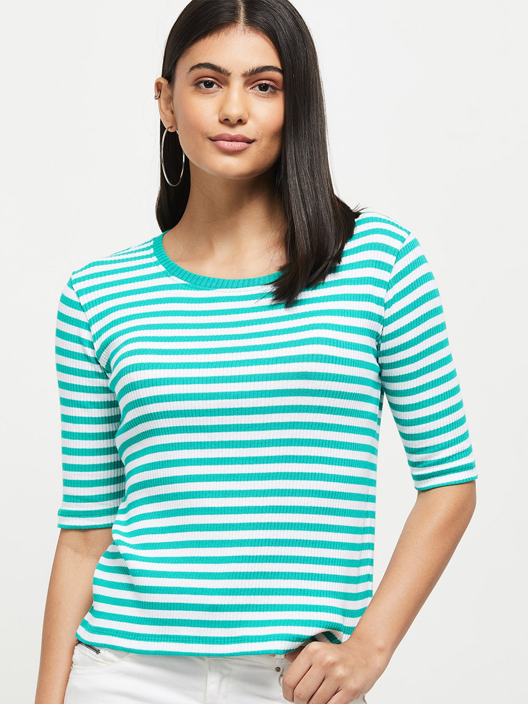 

max Women Green & White Striped T-shirt