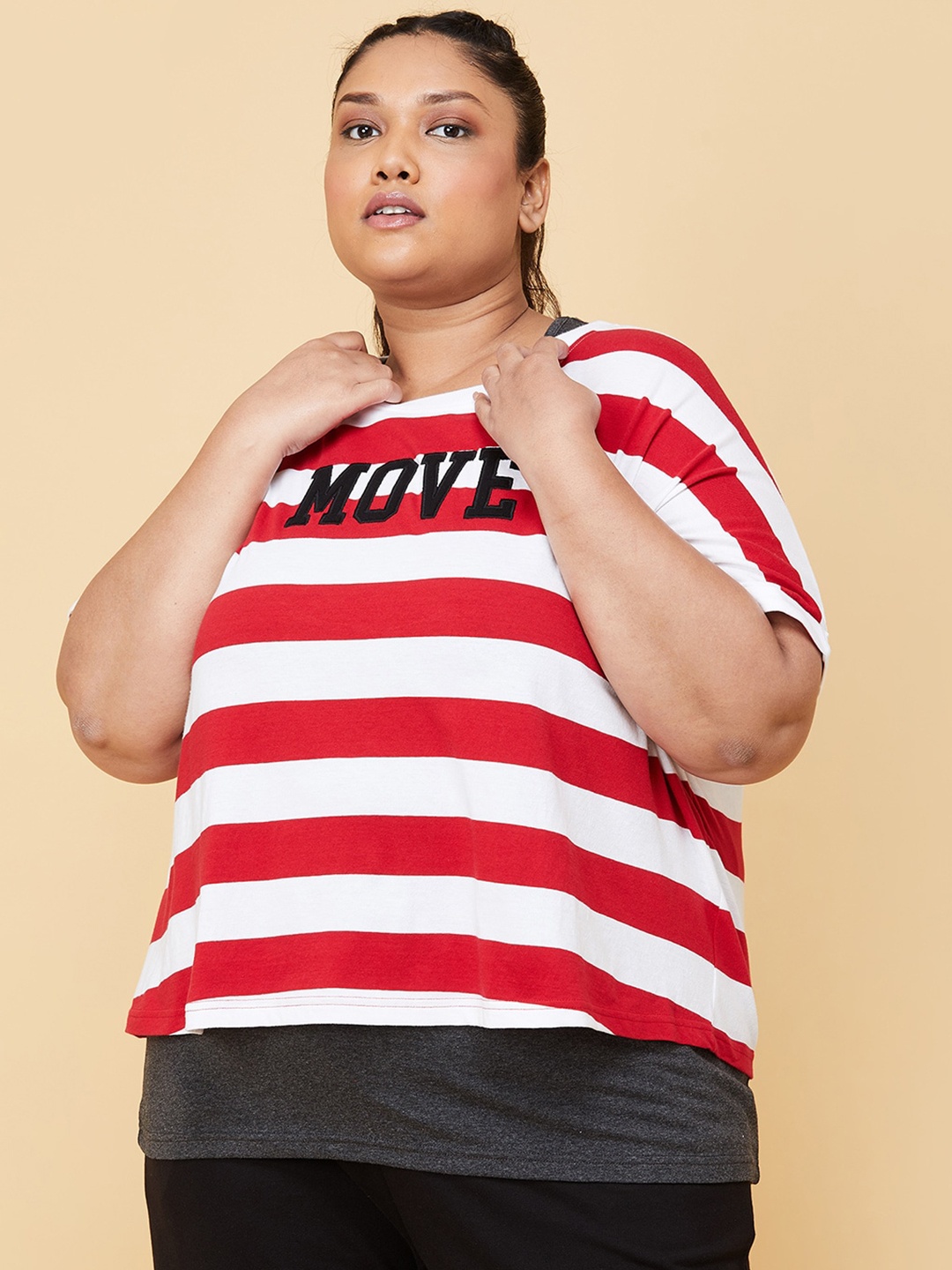 

max Women Plus Size Red & White Striped Pure Cotton T-shirt