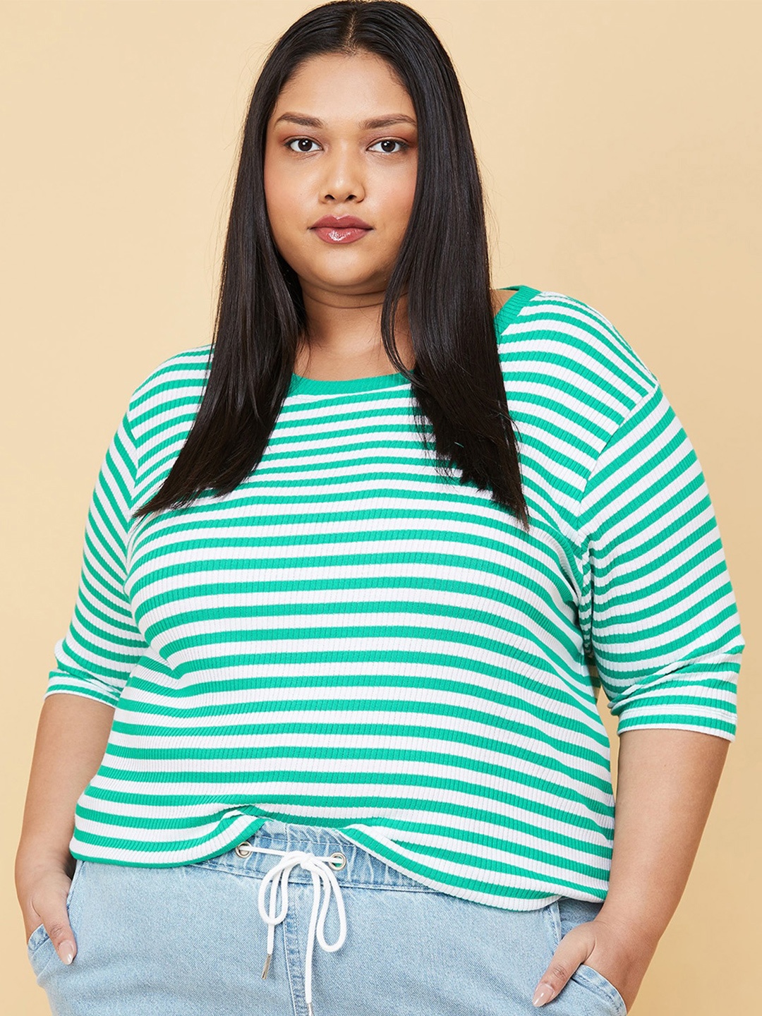 

max Plus Size Women Green & White Striped Drop-Shoulder Sleeves T-shirt