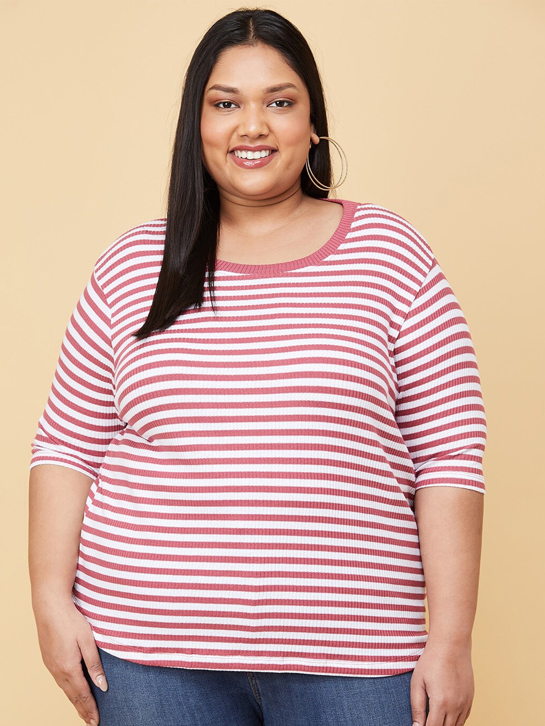 

max Women Plus Size Pink White Striped Drop-Shoulder Sleeves T-shirt