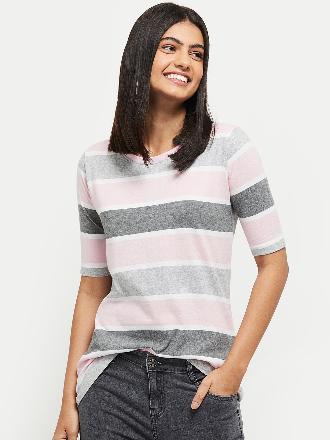

max Women Pink & Grey Striped Cotton T-shirt