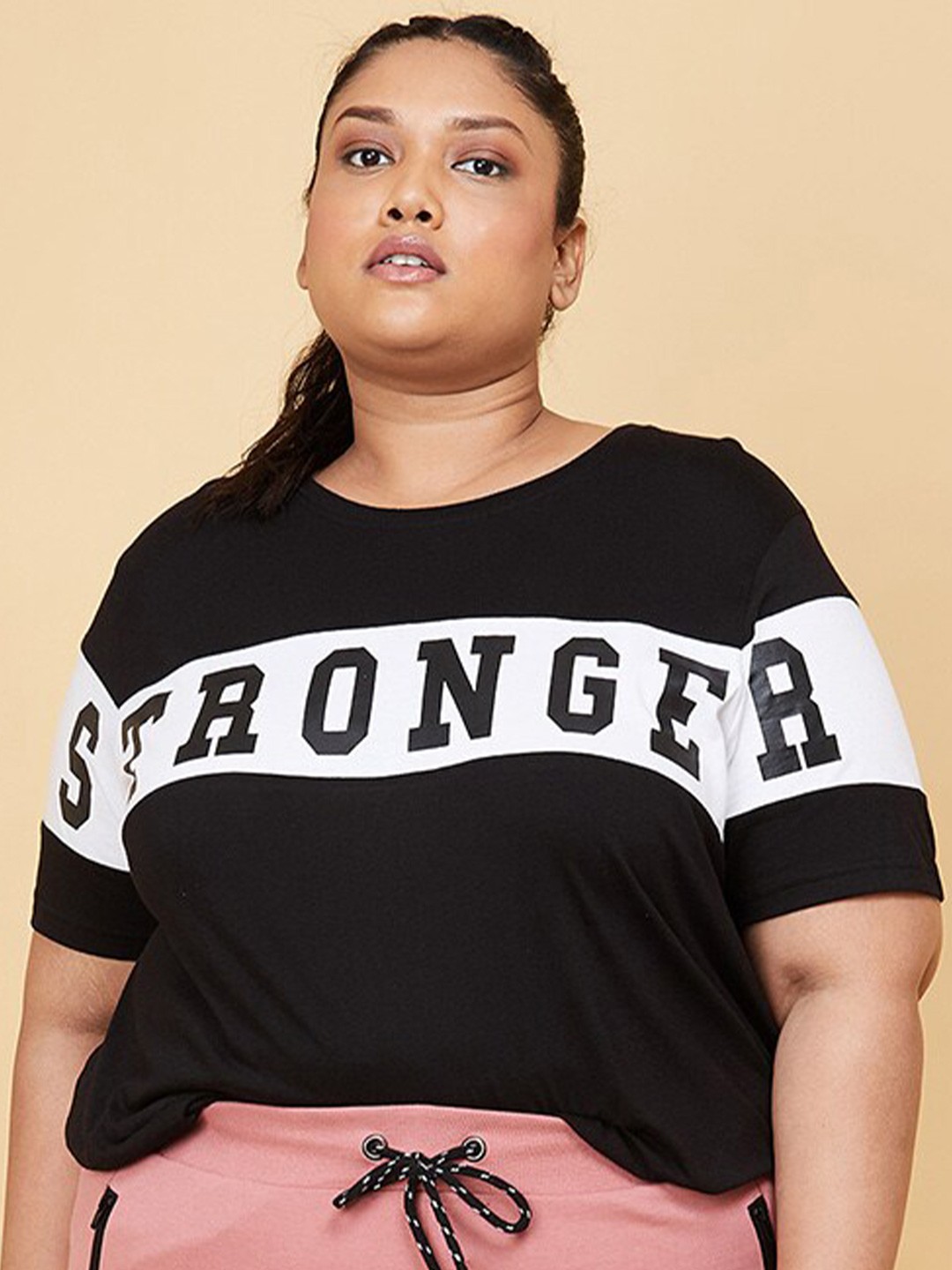 

max Plus Size Women Black Typography Printed Cotton T-shirt