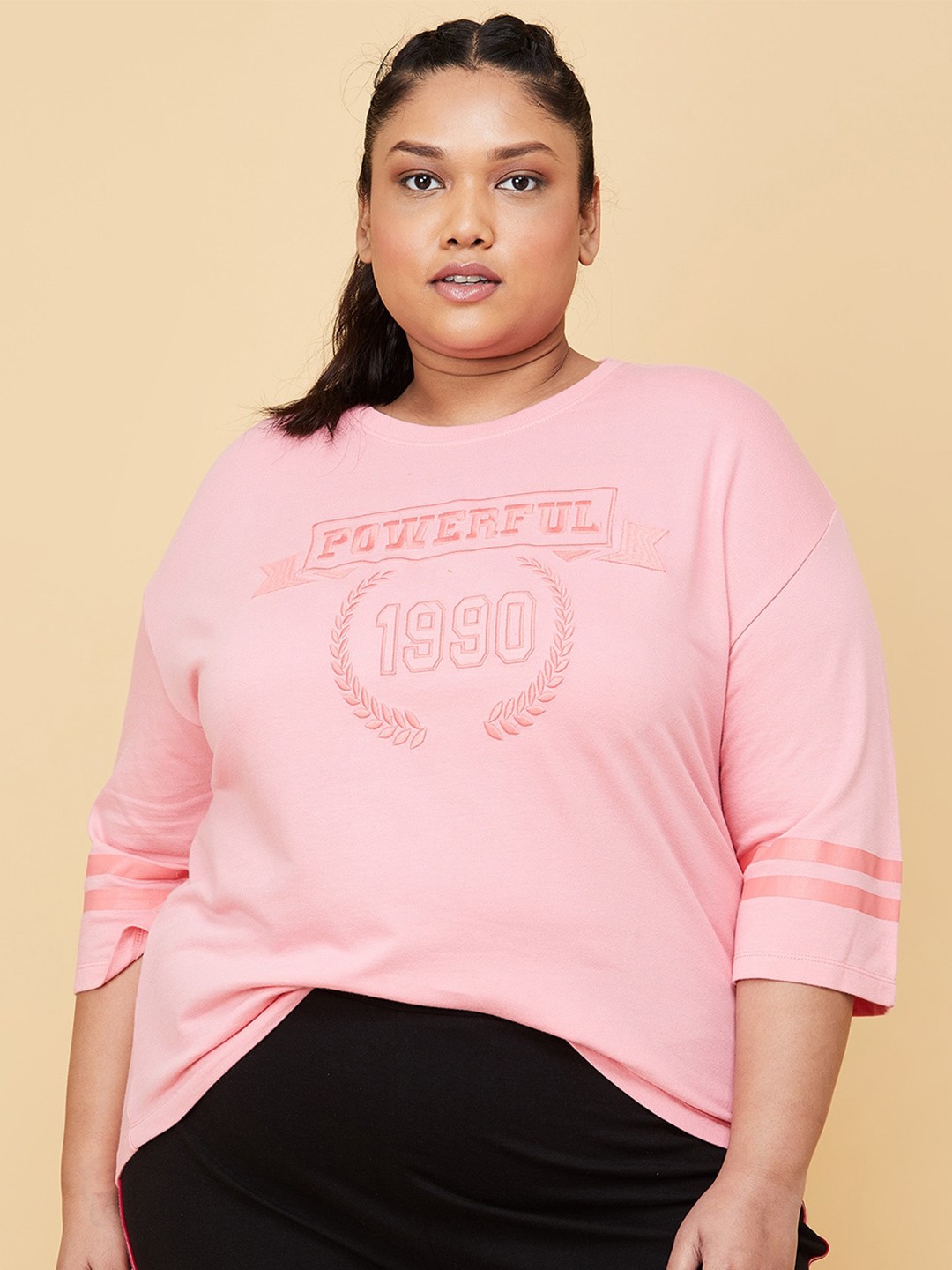 

max Women Plus Size Pink Typography Printed T-shirt
