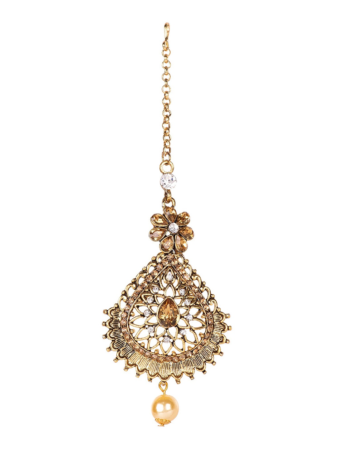 

ANIKAS CREATION Gold-Plated White Stone Studded & Beaded Handcrafted Maang Tikka
