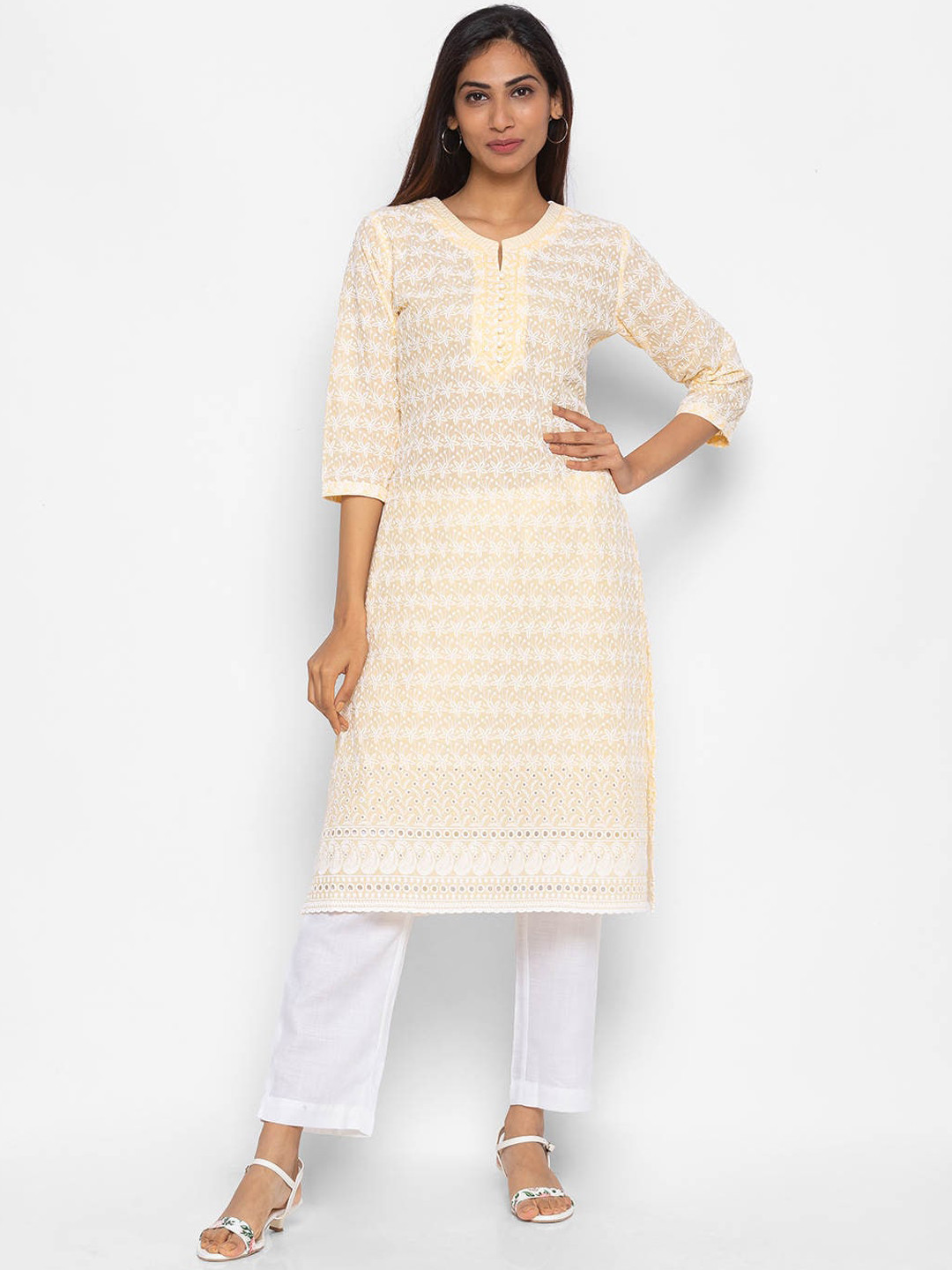 

ZOLA Women Yellow Floral Embroidered Chikankari Kurta