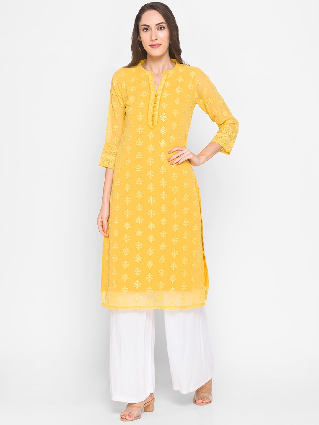 

ZOLA Women Yellow Ethnic Motifs Embroidered Thread Work Georgette Kurta