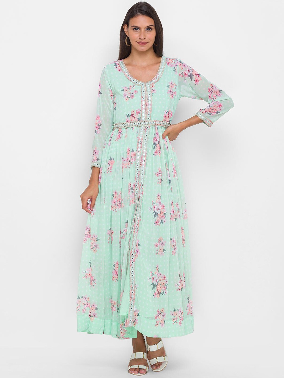 

ZOLA Women Green Floral Printed Thread Work Georgette Anarkali Kurta
