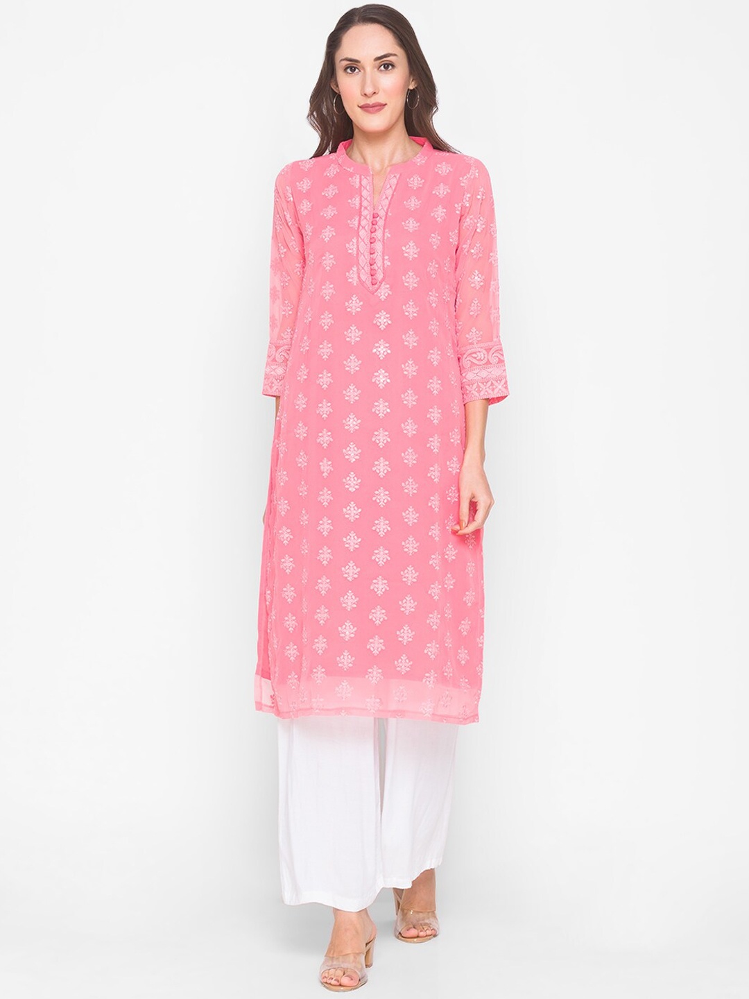 

ZOLA Women Pink & White Ethnic Motifs Embroidered Georgette Kurta